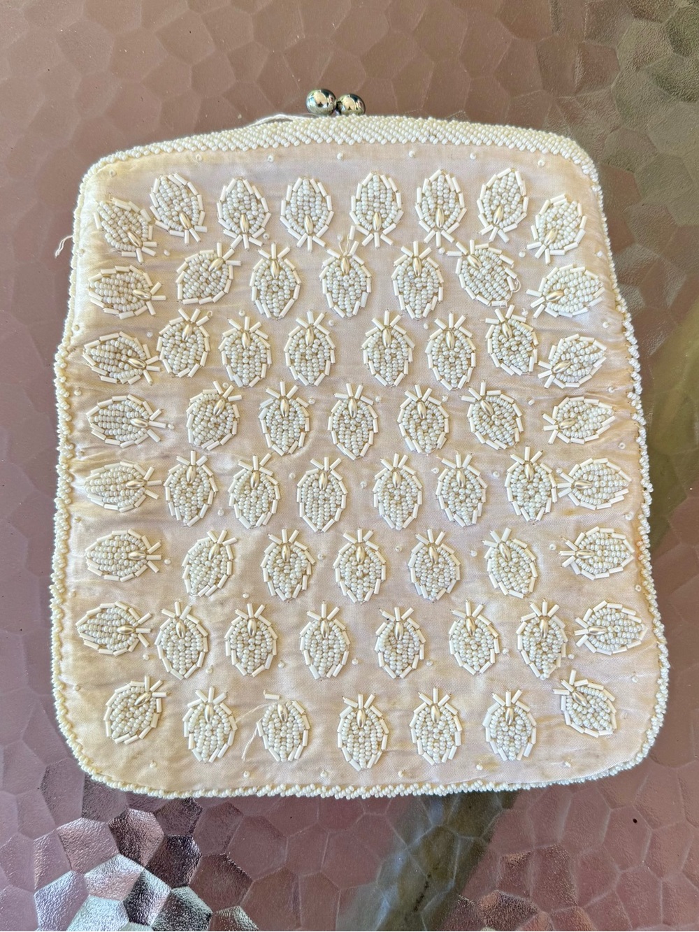 Vintage Satin Beaded Clutch Purse – Ivory/Cream Evening Bag